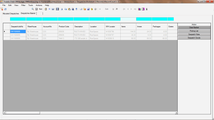 Allocated despatches are added to the despatch basket where picking list can be produced