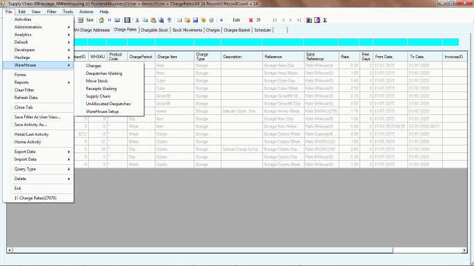 Setting up and running warehouse charges